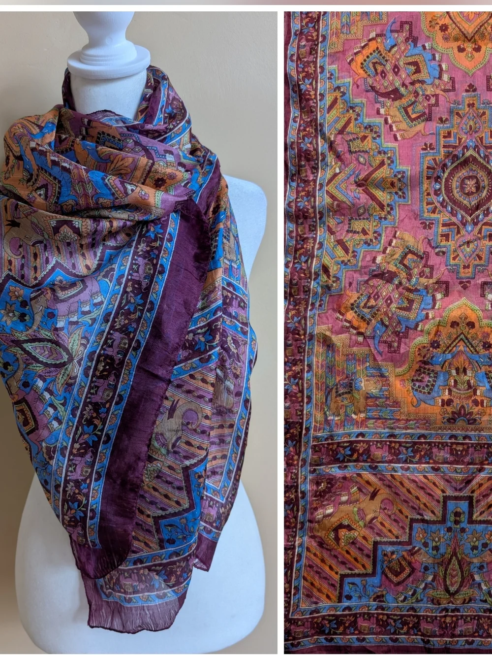 Pure Silk Indian Scarf Elephant Floral Geometric Print